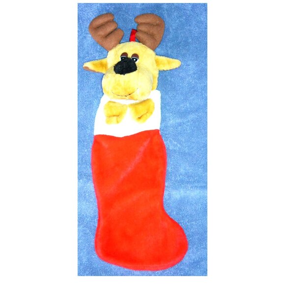 Plush Reindeer Christmas Stocking Red White Holiday Decor Festive Accent - Picture 1 of 3
